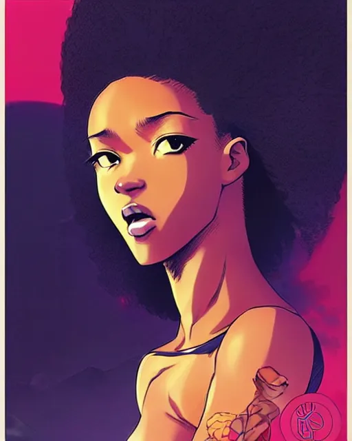 Prompt: black super hero girl | very very anime!!!, highly defined - face, sexy looking face, big blonde color afro, realistic shaded perfect face, fine details. anime. realistic shaded lighting poster by ilya kuvshinov katsuhiro otomo ghost - in - the - shell, magali villeneuve, artgerm, jeremy lipkin and michael garmash and rob rey