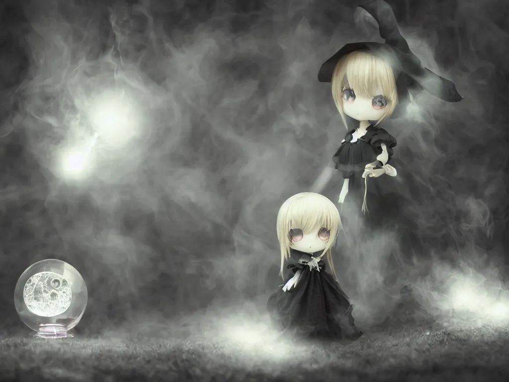 Image similar to cute fumo plush girl gazing into a crystal ball swirling with strange energy, black and white eldritch gothic horror, smoke and volumetric fog, witch girl, soothsayer, lens flare glow, chibi anime, vray