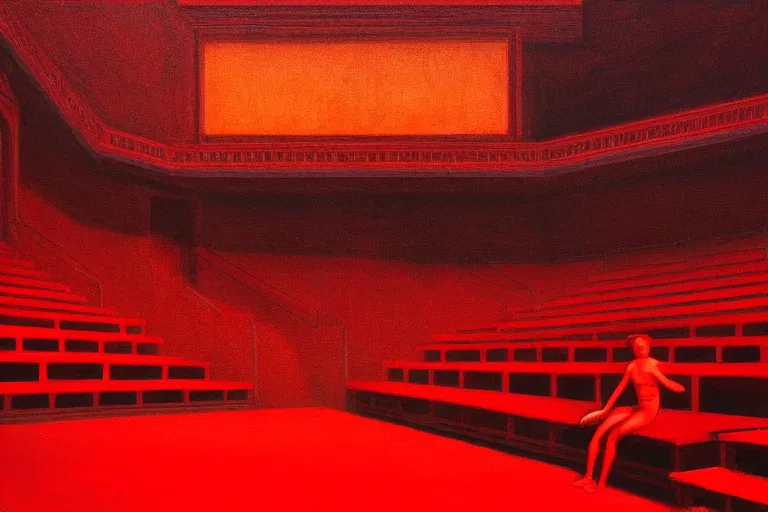 Image similar to only with red, crowd screaming, an exposed picture in a roman theater, in the style of beksinski, parts by edward hopper, parts by rodcenko, parts by yue minjun, intricate and epic composition, red by caravaggio, insanely quality, highly detailed, masterpiece, red light, artstation, 4 k