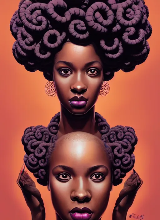 Image similar to portrait of young black woman with bantu knots, afro - futurist style, intricate, elegant, exploding nebulae, highly detailed, digital painting, artstation, concept art, smooth, sharp focus, illustration, art by wlop, mars ravelo and greg rutkowski