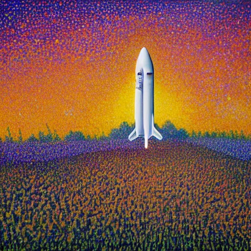 Image similar to spacex starship rocket landing in a field of flowers at sunset, pointillism painting