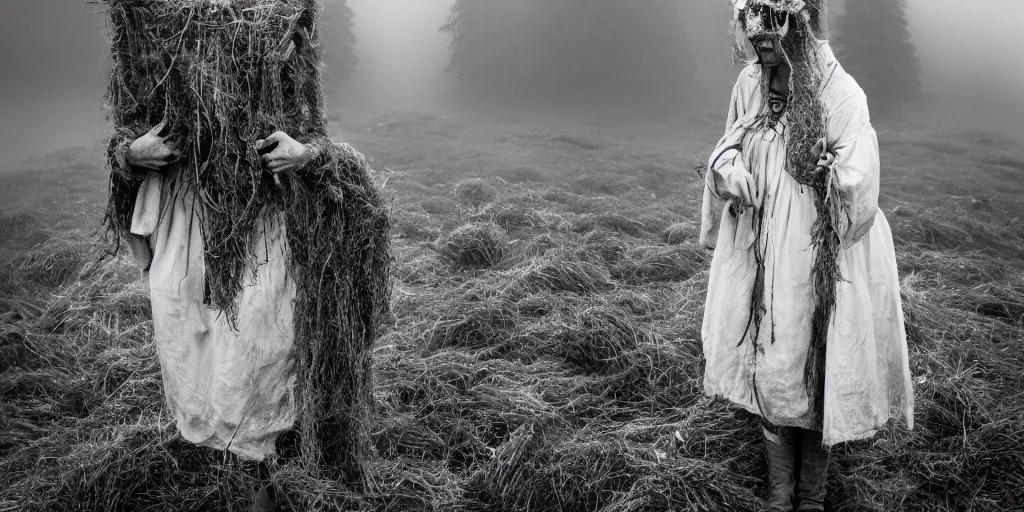 Prompt: portrait photography of levitating tyrolean alpine female farmer, horns on head, roots and edelweiss growing from head, clothes made from hay, desaturated, fog, witch, wicca, 1. 2 f, 3 5 mm, dark, eerie, 1 9 2 0 s ghost photography