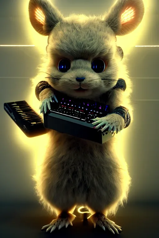 Image similar to high quality 3 d render very cute fluffy cyborg!! rat! plays keyboard, cyberpunk highly detailed, unreal engine cinematic smooth, in the style of blade runner & detective pikachu, hannah yata charlie immer, moody light, low angle, uhd 8 k, sharp focus