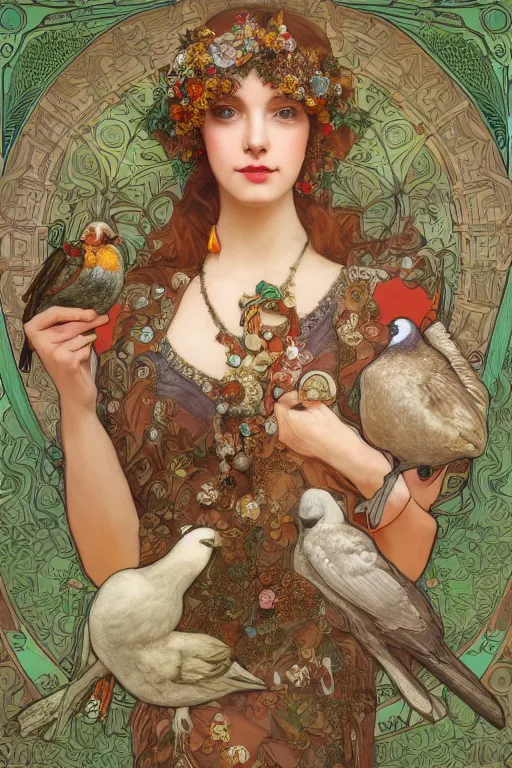 Prompt: zoomed out 3 d render of english princess holding birds, ornaments, mucha vibe, dieselpunk, solarpunk, artstation
