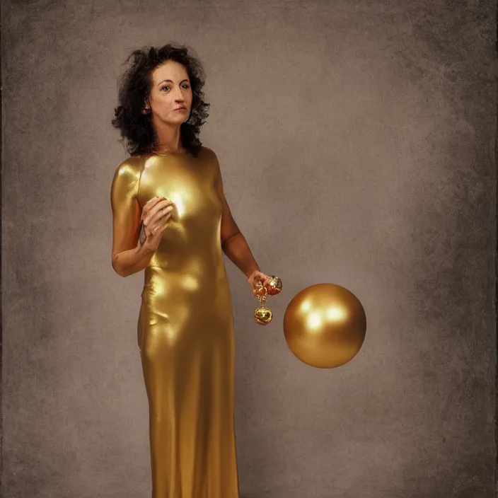 Image similar to a closeup portrait of a woman wrapped in plastic, standing next to a levitating gold orb, in a suburb, color photograph, by vincent desiderio, canon eos c 3 0 0, ƒ 1. 8, 3 5 mm, 8 k, medium - format print