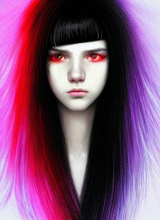 Image similar to hair whitebangs hair, black hair, blackbangswhitehair, portrait of teenage girl with white bangs, red irises, purple clothes, white bangs, bangs are different color from hair, intricate, elegant, glowing lights, highly detailed, digital painting, artstation, concept art, sharp focus, illustration, art by wlop, mars ravelo and greg rutkowski