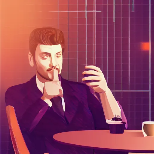 Image similar to portrait of a handsome startup CEO having a cup of coffee. cyberpunk style, digital art