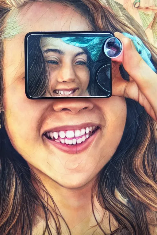 Image similar to a smiling women taking a zoomed out selfie, hyper realistic photography, highly detailed, sharp focus, good vibes, realistic, highly detailed attribute, award winning, art by portrait realistic illustrators