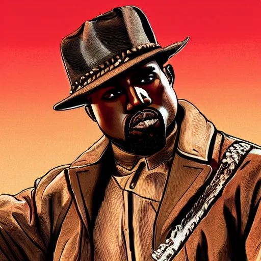 Image similar to kanye west in stephen bliss illustration red dead redemption 2 artwork of kanye west, in the style of red dead redemption 2 loading screen, by stephen bliss, artstation