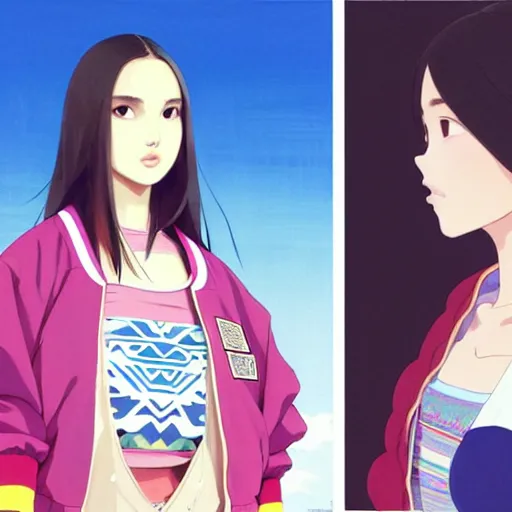 Image similar to a beautiful plus sized model japanese natalie portman, alluring, wearing oversized mayan bomber jacket and leotard with overalls, bulky poofy bomber jacket with mayan patterns, aztec street fashion, gapmoe yandere grimdark, trending on pixiv fanbox, painted by greg rutkowski makoto shinkai takashi takeuchi studio ghibli, akihiko yoshida