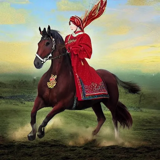 Image similar to The digital art shows the heroine riding on a magnificent red horse. She is clad in a traditional Russian folk costume, complete with a brightly-colored headscarf. Her face is pale and beautiful, with a look of resolve in her eyes. Behind her, the horse's hooves churn up the earth as they gallop across the countryside. In the distance, the dark forest looms, its trees reaching up into the sky. raypunk by Tim Walker sad