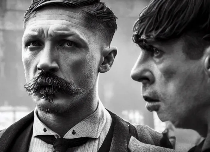 Prompt: an action scene from peaky blinders, medium long shot, tom hardy, sharp eyes, serious expressions, detailed and symmetric faces, black and white, cinematic, epic,