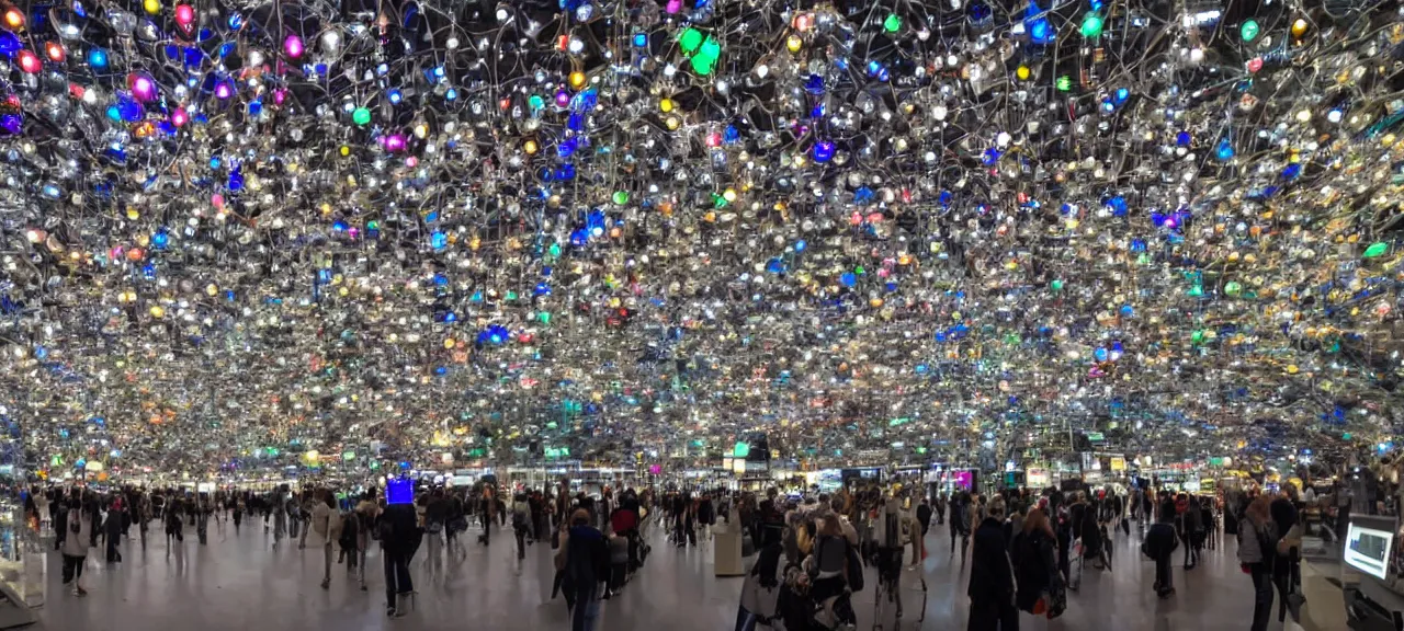 Prompt: A wide view into a glass showcase full of thousands of tiny mechanical gadgets, illuminated spolights in a huge room of a futuristic museum