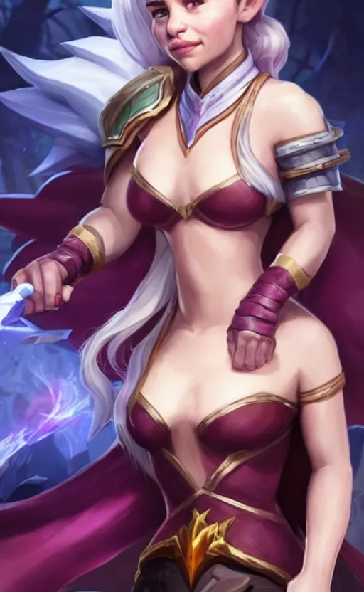 Image similar to Emilia Clarke as a character in the game League of Legends, with a background based on the game League of Legends, detailed face, old 3d graphics