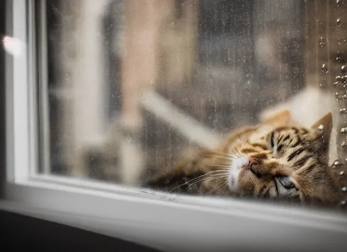 Image similar to photography of a Cat . watching outside the window while it rains. on a bed. in a 70's room full of vinyls and posters, photorealistic, raining award winning photo, 100mm, sharp, high res