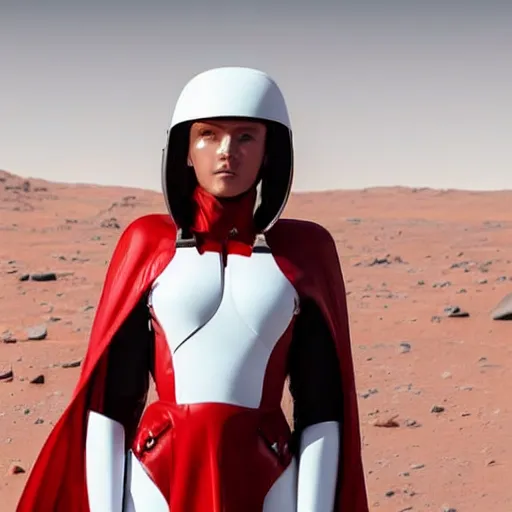 Image similar to headshot of a beautiful female soldier, no makeup, in glossy sleek white armor and a long red cape, looking up at camera, determined expression, no helmet, on the surface of mars, cinematic, sci-fi, hyperrealistic, detailed