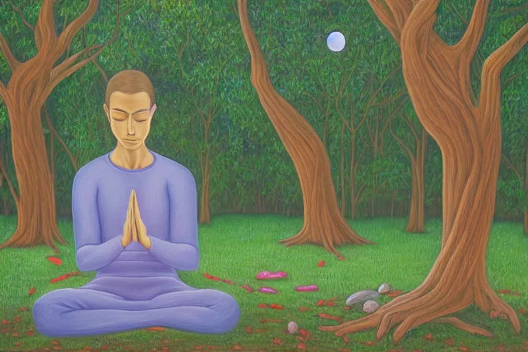 Image similar to painting of a peaceful man meditating under a tree by alex grey, acrylic art, calm, soothing, cosy, elegant, soft light,