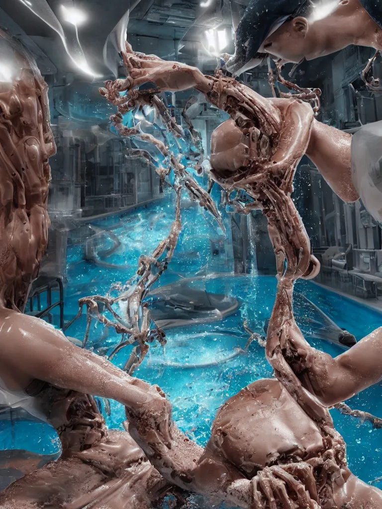 Prompt: Pete Davidson icing a cake at the pool, biomechanical fluid, dramatic lighting, hyperrealistic, ultrarealistic, intricate details, 4k, unreal 5, digital art