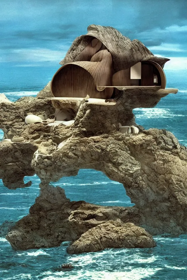 Image similar to seashell house where a hermit girl lives, atmospheric cinematography by syd mead and emmanuel lubezki