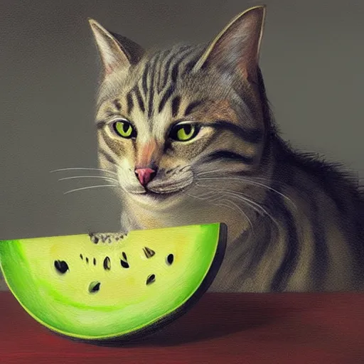 Prompt: very detailed masterpiece painting of a cat eating a melon, portrait, artstation, concept art by greg rutkowski