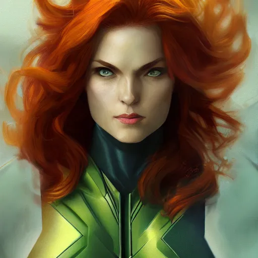 Image similar to jean grey, a half body of jean grey, green eyes, comic, x - men, highly detailed, artstation, digital painting, vivid colors, realistic shaded perfect face, soft lighting, atmospheric, cinematic, moody, in the style of krenz cushart, oil on canvas, 8 k