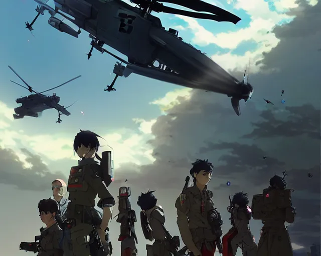 Image similar to Epic scene of a beautiful anime soldier standing in front of a cyborg repair shop, while a futuristic military helicopter flies overhead, by Greg Rutkowski and Krenz Cushart and Pan_Ren_Wei and Hongkun_st and Bo Chen and Enze Fu and WLOP and Alex Chow, Madhouse Inc., anime style, crepuscular rays, set in rainy futuristic cyberpunk Tokyo street, dapped light, dark fantasy, cgsociety, trending on artstation