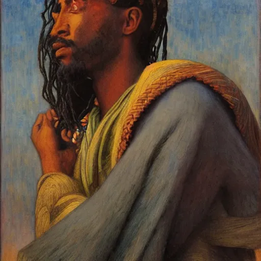 Image similar to masterpiece, somali man with long hair, sculpture from islamic civilization, by annie swynnerton and diego rivera and nicholas roerich and jean delville and charlie bowater, symbolist, dramatic lighting, god rays, art brut, rich colors, smooth sharp focus, extremely detailed, adolf wolfli and ( donato giancola and bilibin )