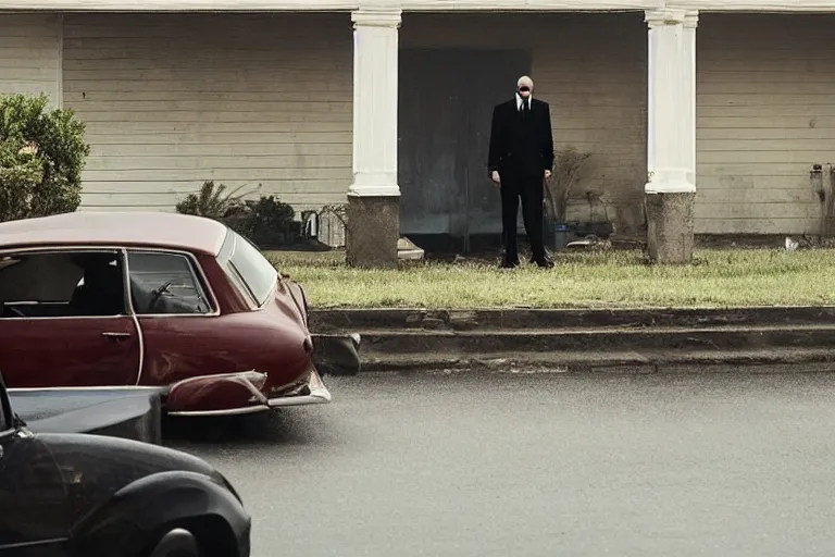 Image similar to movie scene, hitman waiting outside a house in his car, night, silenced pistol, by emmanuel lubezki