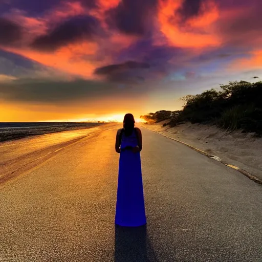 Image similar to a woman on the street, facing a blue portal that leads to a beach at sunset