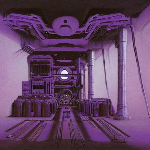 Prompt: painting of a syd mead scifi ancient civilzation interior engine room, purple sun, beksinski