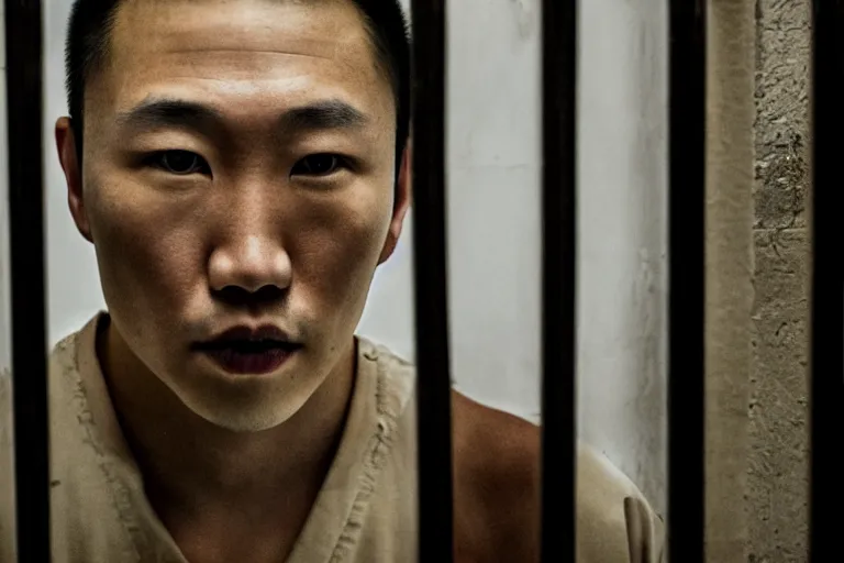 Image similar to an 8 5 mm portrait of a justin sun as night king in prison looking through the bars of his cell, by annie leibovitz, shallow depth of field, cinematic lighting