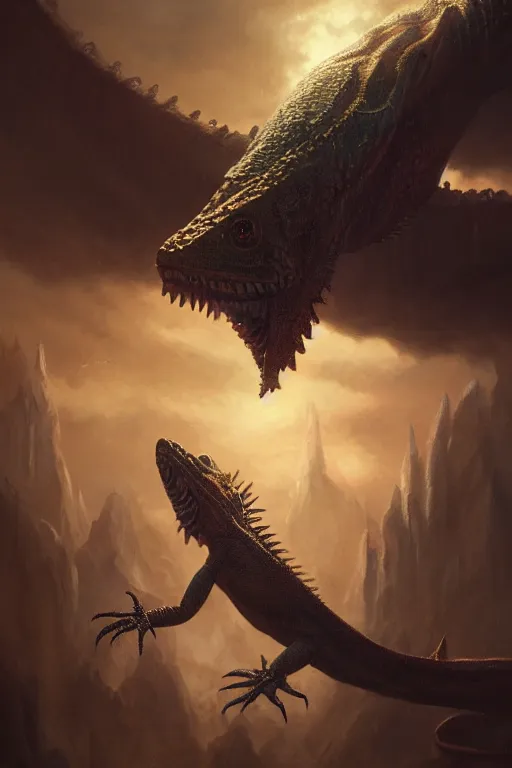 Prompt: oil painting of the lizard king, sharp focus, fantasy style, octane render, volumetric lighting, 8k high definition, by greg rutkowski, highly detailed, trending on art Station, magic the gathering artwork, dark steampunk city backround, centered