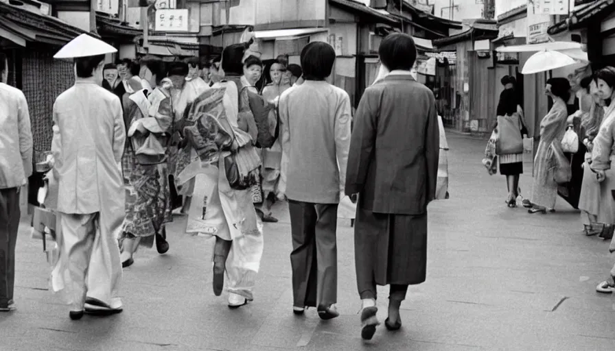 Prompt: mr. hulot lost in the streets of gion, inquiring directions from a geisha in old kyoto, cinematic 1 9 7 0, in the style. of wes anderson and jacques tati