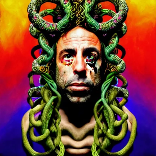 Image similar to an extremely psychedelic portrait of joe rogan as medusa, surreal, lsd, face, detailed, intricate, elegant, lithe, highly detailed, digital painting, artstation, concept art, smooth, sharp focus, illustration