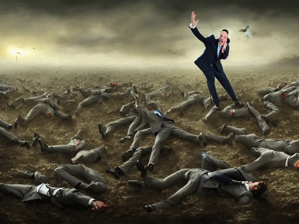 Prompt: one Comedian in suit and tie performing in a battle-field with dead bodies on the ground, comedian is funny, performing to dead soldiers, nuclear bomb in far horizon, apocalypse, trending on artstation, artstationHD, hyperdetailed matte painting, highly detailed, digital painting, hyper-realistic, realistic, photo-realistic