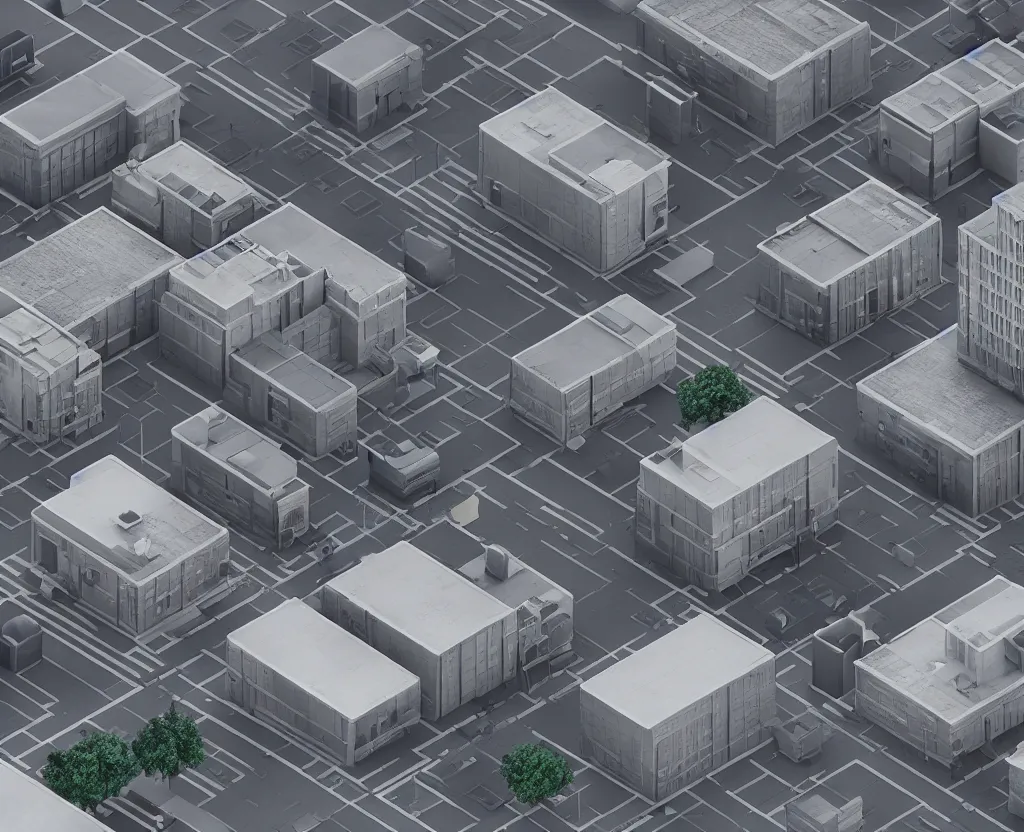 Image similar to city block, isometric view, octane 3d, ray tracing, volumetric lighting