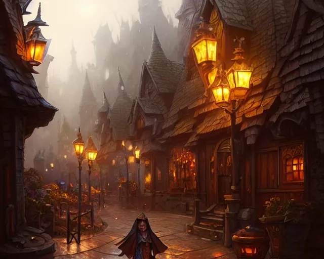 Image similar to fantasy village streets, cloudy, dark, natural lighting, deep focus, d & d, fantasy, intricate, elegant, highly detailed, digital painting, artstation, concept art, matte, sharp focus, illustration, hearthstone, art by artgerm and greg rutkowski and laura sava and alphonse mucha