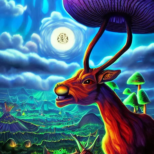 Prompt: anime 4 k headshot portrait of a psychedelic demonic anthropomorphic deer with mushroom themed clothes, magic mushroom village in background by jeff easley, award winning, stylized neon, post - processing, masterpiece, superb resolution. in the art style of junji ito and greg rutkowski. detailed mushroom city in background. hyper realistic anime. perfect art. dalle 2