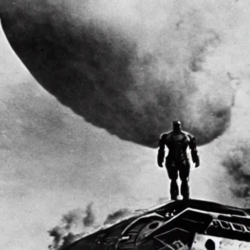 Prompt: iron man during the hindenburg disaster, grainy photo