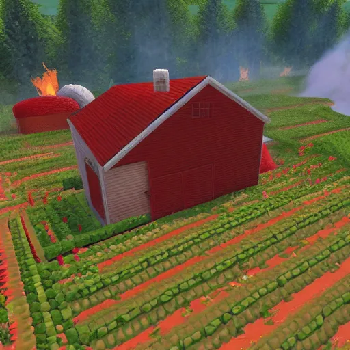 Image similar to a small vintage farm on fire in a corn field in the style of Mario 64, gameplay footage