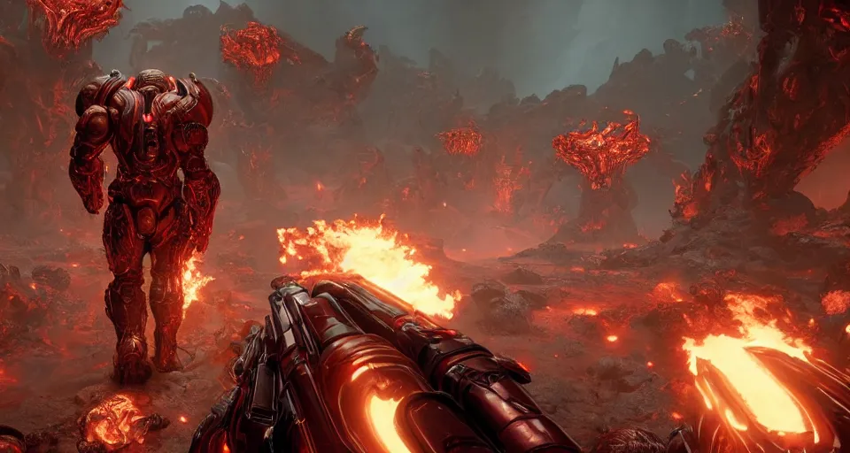 Prompt: gameplay of doom eternal, ambient lighting, concept art, intricate, hyper detailed, smooth, action, volumetric lighting, 3 d render, unreal, octane