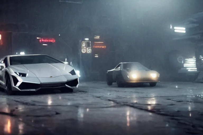 Image similar to A cinematic film still of a Lamborghini in the movie Blade Runner: 2049.