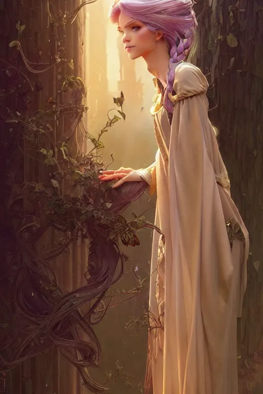 Image similar to Rapunzel, fantasy, intricate, elegant, highly detailed, digital painting, artstation, concept art, matte, sharp focus, illustration, art by Artgerm and Greg Rutkowski and Alphonse Mucha