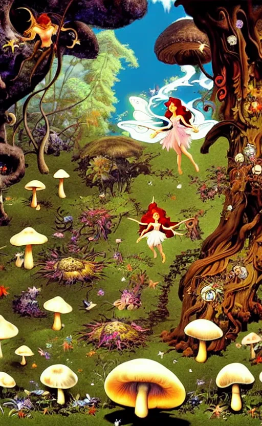 Image similar to fairies, enchanted forest, mushrooms on the ground, psychedelic, wide angle shot, white background, vector art, illustration by frank frazetta and salvador dali