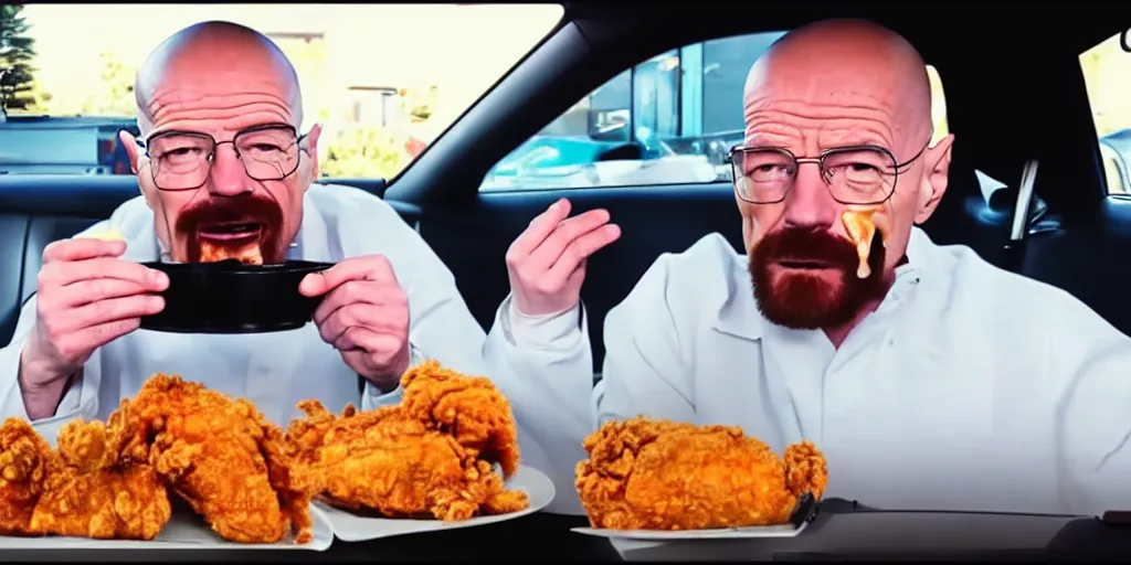Prompt: walter white mukbang inside car, youtube video screencap, eating fried chicken, greasy face stuffed with chicken, double chin, real, fat, detailed, 4k