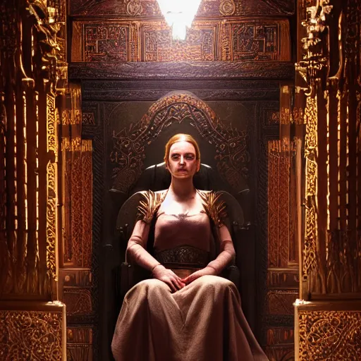 Image similar to the elder scrolls vi, charismatic gracious humble regal brunette female jarl, portrait, throne room, atmospheric lighting, painted, intricate, volumetric lighting, beautiful, daytime, sunny weather, slight overcast, sharp focus, deep colours, ultra detailed, by leesha hannigan, ross tran, thierry doizon, kai carpenter, ignacio fernandez rios