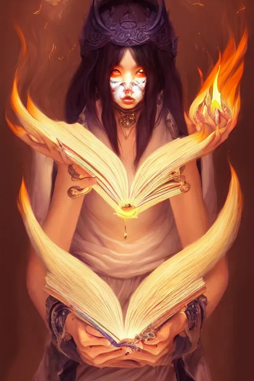 Prompt: gorgeous!!! hyper - realstic sorceress with a kitsune mask, holding a tattered magical book, casting a flame spell | drawn by wlop, drawn by jeehyung lee, drawn by artgerm | fantasy, dark, intricate, highly detailed, digital painting, character design, concept art, illustration, artstation