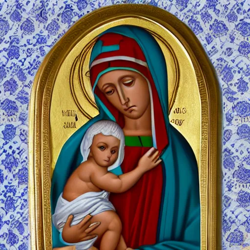 Image similar to the virgin mary looking fine af with a super swole baby jesus