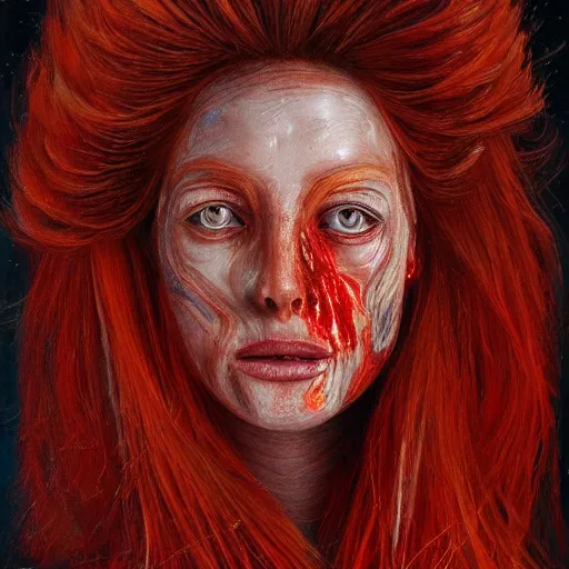 Prompt: high quality detailed portrait of an alien woman with red and white marbled skin, long thick orange hair strands and areas of carapace. Oil painting, beautiful, haunting.