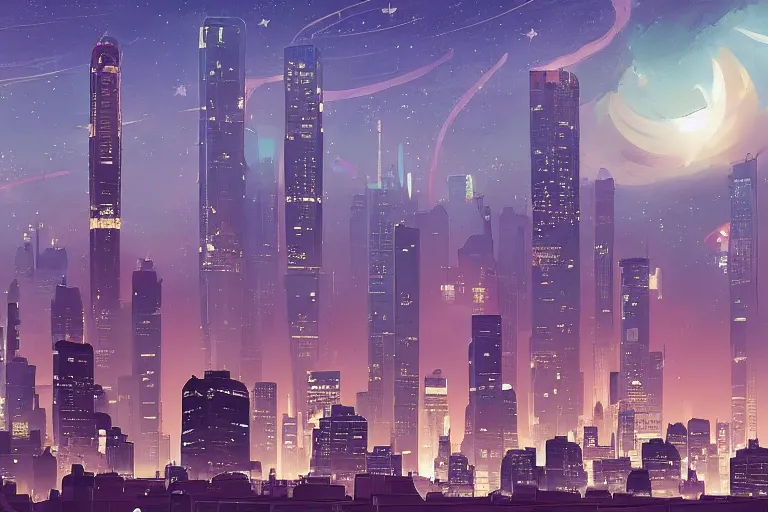 Image similar to city skyline at dusk with stars and planets stylized, official fanart behance hd artstation by jesper ejsing, by rhads, makoto shinkai and lois van baarle, ilya kuvshinov, ossdraws, cel shaded by feng zhu and loish and laurie greasley, victo ngai, andreas rocha, john harris